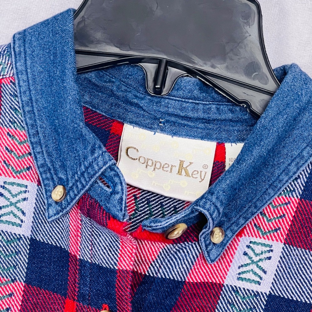 Copper Key Flannel Shirt Mens Small Red Blue Plaid Denim‎ Collar Tribal Pattern